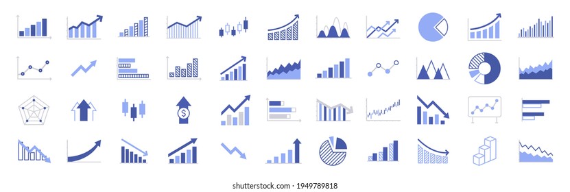 Business graphs and charts icons. Business infographics icons. Statistic and data, charts diagrams, money, down or up arrow, economy reduction. Financial chart. Vector illustration.