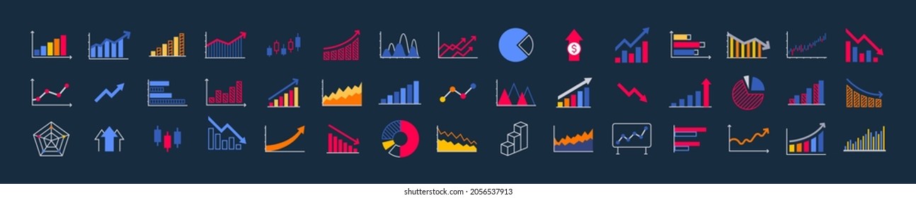 Gráficos empresariales e iconos de gráficos. Iconos de infografía empresarial. Estadísticas y datos, diagramas de gráficos, dinero, flecha hacia abajo o hacia arriba, reducción de la economía. Gráfico financiero. Ilustración vectorial.