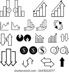 Business graphs and charts icons set. Statistics and analytics vector icon.  charts diagrams, money, down or up arrow. Vector illustration.