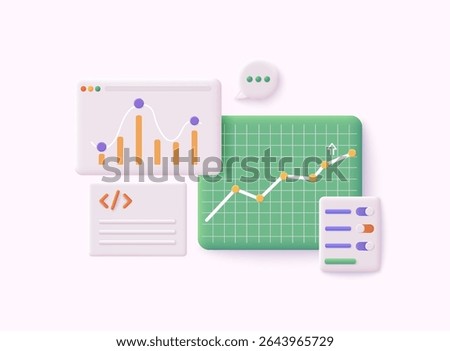 Business graphs and charts in trending 3d style. Financial development, Banking Account, Statistics. 3D Web Vector Illustrations.