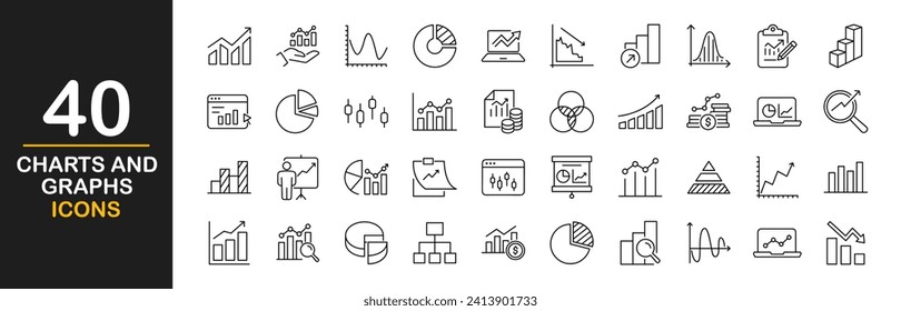 Business graphs and charts web icons set. Statistics and analytics - simple thin line icons collection. Containing data, charts diagram, down or up arrow and more. Simple web icons set