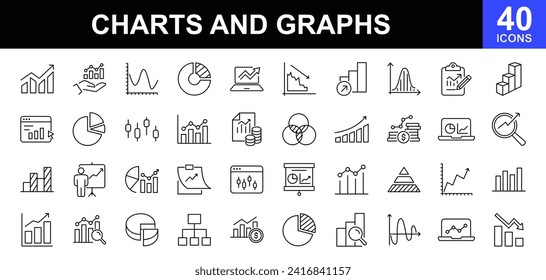 Business graphs and charts web icons set. Statistics and analytics - simple thin line icons collection. Containing data, charts diagram, down or up arrow and more. Simple web icons set