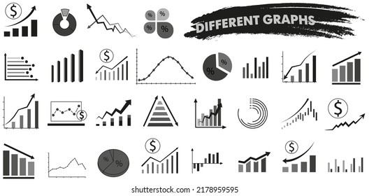Business graphs and diagrams icons. Statistics and data, charts, money, down or up arrow, economy decline.