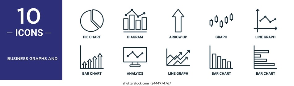 business graphs and outline icon set includes thin line pie chart, diagram, arrow up, graph, line graph, bar chart, analyics icons for report, presentation, diagram, web design