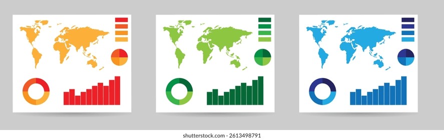 Business Graphs with World Map Document Template Different Colors. Office documentation and sales information vector art