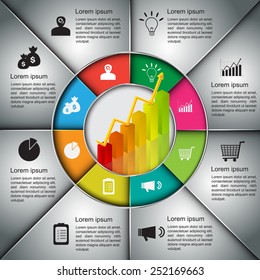 Business Graphs/Charts 3D With Business Icon & Text Information Design, Colorful Circle Shape,Colorful/Silver Background, Vector Illustration