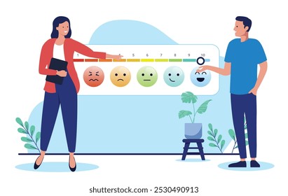 Business great rating and customer feedback - Two people looking at user satisfaction ranking with top score showing happiness. Flat design vector stock illustration with white background