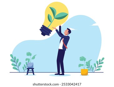 Energia verde empresarial - Homem de negócios pessoa de pé segurando lâmpada com crescimento símbolo planta ambiental sorrindo. Conceito de energia empresarial sustentável e limpa na ilustração de estoque de design plano