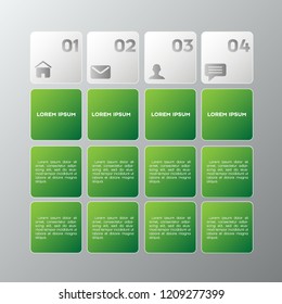Business green infographics template 4 steps square. Data and information visualization on the grey background.Eps 10 vector file.