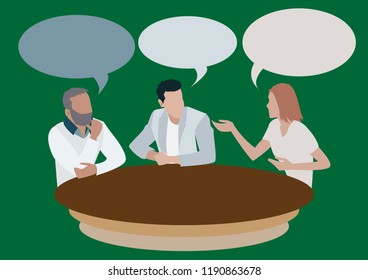 Business group discussion, business meeting, flat style, Male and female cartoon characters talking, exchange information, formal discussion, conference, vector speak illustration.