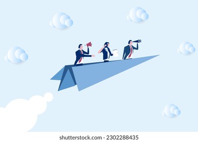 Business group flying on paper plane, business vision. paper plane and businesspeople. Vector illustration.