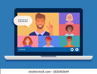 Business group meeting being held via video conference using laptop computer chatting with colleagues online. Vector illustration.