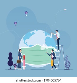 Business group put on the globe with masker metaphor of save the world from corona virus-Business vector concept