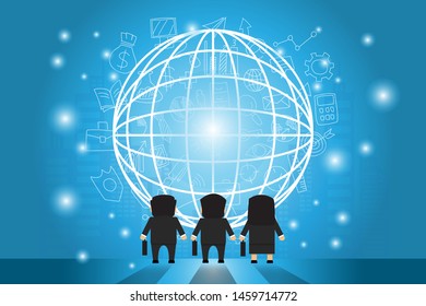 business group stand back before globe icon social and icon background concept internet and social network .flat design vector illustration
