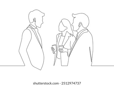 Business Group Talking One Line Drawing. Business People in Office Minimalistic Black Lines Drawing on White Background. Continuous One Line Abstract Drawing. Peoples Modern Design. Vector EPS 10