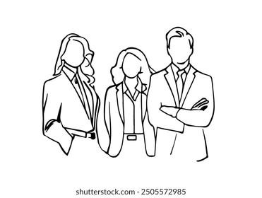 Business Group Trendy Line Art Drawing. Business People in Office Minimalistic Black Lines Drawing on White Background. Continuous One Line Abstract Drawing. Peoples Modern Design. Vector EPS 10