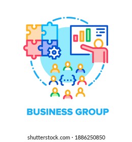 Vektor Icon Konzept der Business Group. Geschäftsführung der Unternehmensarbeitsgruppe und Teamarbeit, Mitarbeiterfinanzbericht über die Meeting- oder Vertriebsplanung. Illustration zum Thema Humanressourcen und Zusammenarbeit