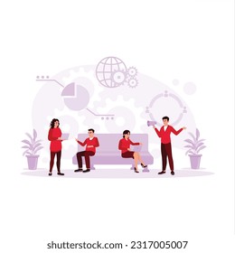 Unternehmensgruppen, die Teamarbeit und Startup-Unternehmen diskutieren. Trend Moderne Vektorgrafik.