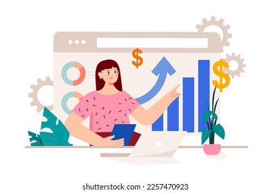 Business grow pink concept with people scene in the flat cartoon design. Manager follows the rapid development of business company. Vector illustration.
