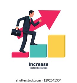 Business growing. Businessman walking on stair. Graph to success. Man goes up step by step. Vector illustration flat design. Isolated on white background. Man in a suit with a suitcase.