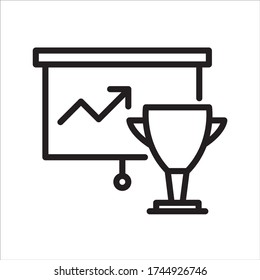 Präsentation von Unternehmensbildern mit Becher. Flachzeilenvektorsymbol für mobile Anwendungen, Button und Website-Design. Darstellung isoliert auf weißem Hintergrund. EPS 10 Design, Logo, App, 