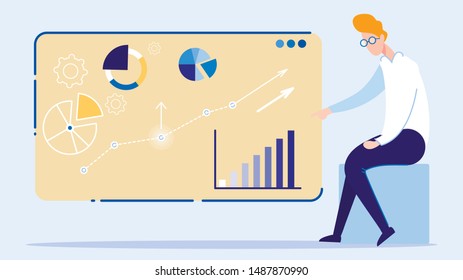 Business Growing Chart Presentation on Board Flat Cartoon Vector Illustration. Man Character Sitting at Cube. Graphs with Pieces, Gears. Businessman Doing Analysis of Company Data