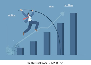 A business growing exponentially, The high success of the organization, Rapid recovery of a company, Financial success concept, Male leader or businessman pole vaulting over growth bar graph.