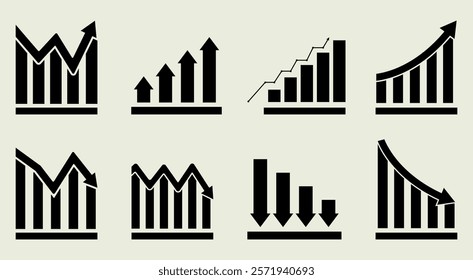 Business growing graph icon set profit increase decrease arrow up down market investment business finance vector black buttons