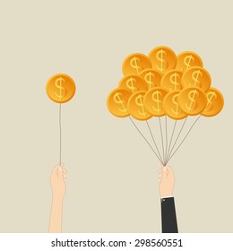 Business growing money concept. Businessman holding Dollar money balloons. Success business. Vector illustration