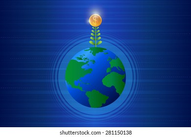 Business growing money concept. Dollar tree growing on a world. Concept of global trade. Vector illustration