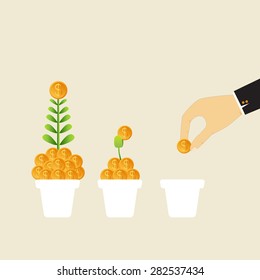 Business growing money concept. The pile of money in pot. Vector illustration