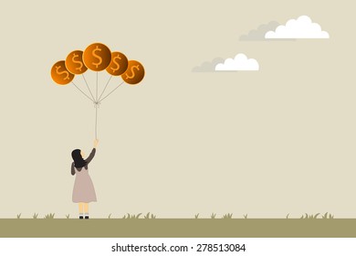 Business growing money concept. Woman holding Dollar money balloons. Vector illustration