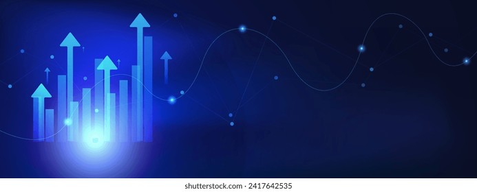 Crecimiento empresarial, inversión de activos y crecimiento económico global. Flecha arriba para los beneficios, rendimiento de la inversión y fondo de concepto financiero. Ilustración vectorial.