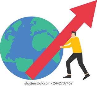 business growing, world economy improving or improving, elegant businessman worker with globe planet and up arrow, vector illustration design.