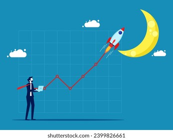 business grows Businessman launches rocket from laptop, brings graph to the moon.Vector 