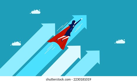 Business grows. High performance or leadership. Businesswoman superhero flying in the sky with growth arrows