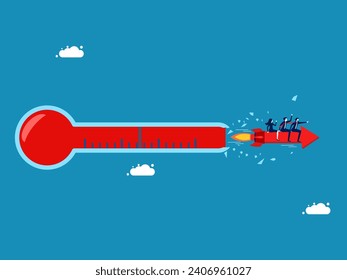 Business grows without limits. team of businessmen driving a rocket arrow crashes through a thermometer