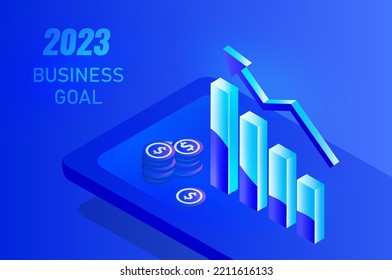 Business growth 2023 year concept. Growing graph and chart up vector illustration. Business investment profit, achievement  and success