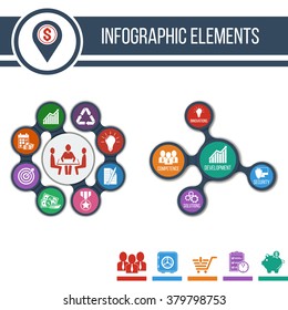 Business. Growth abstract background with connected metaball and integrated icons for development, competence, security, solutions, innovations, investment, logistics, safety. Infographic illustration