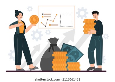 Business growth abstract concept. Smart Investing. Young male and female entrepreneurs make profit or income and become rich. Achieving financial success. Cartoon modern flat vector illustration