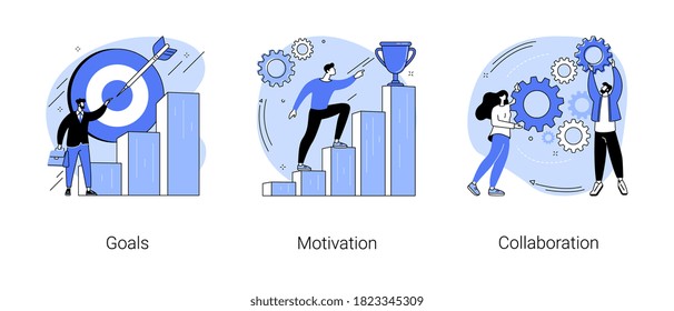 Business growth abstract concept vector illustration set. Goals, motivation and collaboration, achievement and coaching, enterprise cooperation, business meeting, smart planning abstract metaphor.