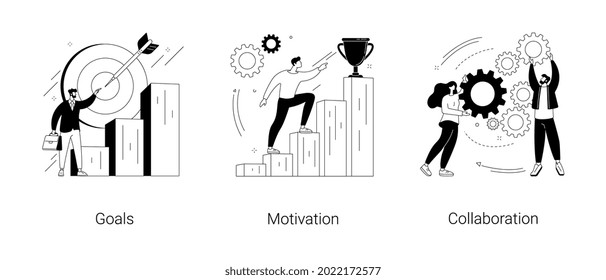 Conjunto de ilustraciones vectoriales de concepto abstracto de crecimiento empresarial. Objetivos, motivación y colaboración, logro y orientación, cooperación empresarial, reunión de negocios, planificación inteligente y metáfora abstracta.