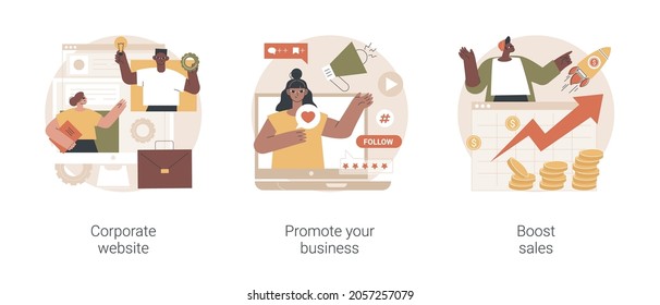 Business growth abstract concept vector illustration set. Corporate website, promote your business, boost sales, product digital marketing, entrepreneur self-promotion, sales plan abstract metaphor.