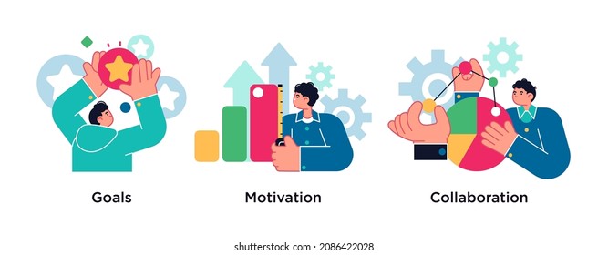 Business growth abstract concept vector illustration set. Goals, motivation and collaboration, abstract metaphor.