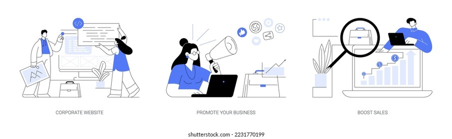 Business growth abstract concept vector illustration set. Corporate website, promote your business, boost sales, product digital marketing, entrepreneur self-promotion, sales plan abstract metaphor.