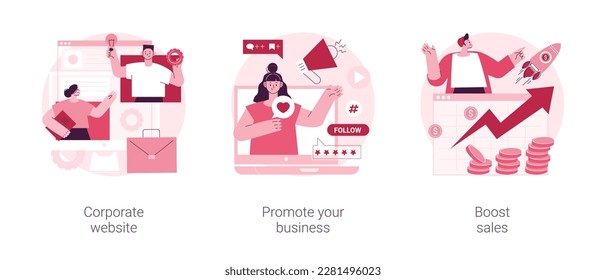 Business growth abstract concept vector illustration set. Corporate website, promote your business, boost sales, product digital marketing, entrepreneur self-promotion, sales plan abstract metaphor.