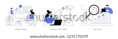 Business growth abstract concept vector illustration set. Corporate website, promote your business, boost sales, product digital marketing, entrepreneur self-promotion, sales plan abstract metaphor.
