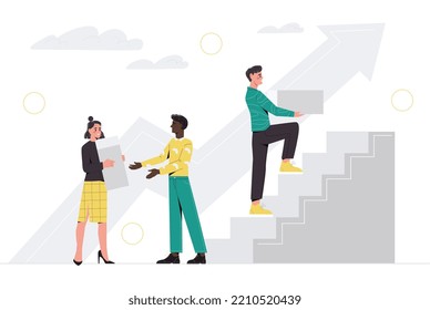 Business Growth. Ambitious Men And Women Entrepreneurs Or Employees Of Company Building Ladder Of Development And Success. Teamwork, Collaboration And Motivation. Cartoon Flat Vector Illustration