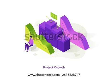 Business growth and analysis concept featuring graphs and a person working on a laptop. Vector illustration in isometric style for trends and strategic planning in a corporate setting.