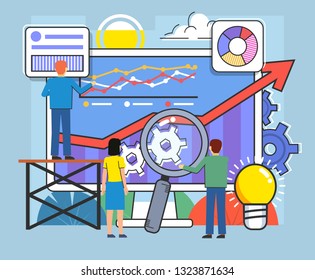 Business growth, analytics, statistcs. People stand near big screen with various charts. Poster for social media, web page, banner, presentation. Flat design vector illustration